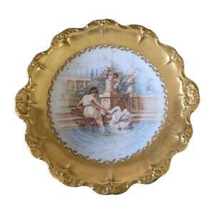 Limoges B&H Blakeman & Henderson Hand Painted Gold Rim Dish Woman Swan Cupid 12"